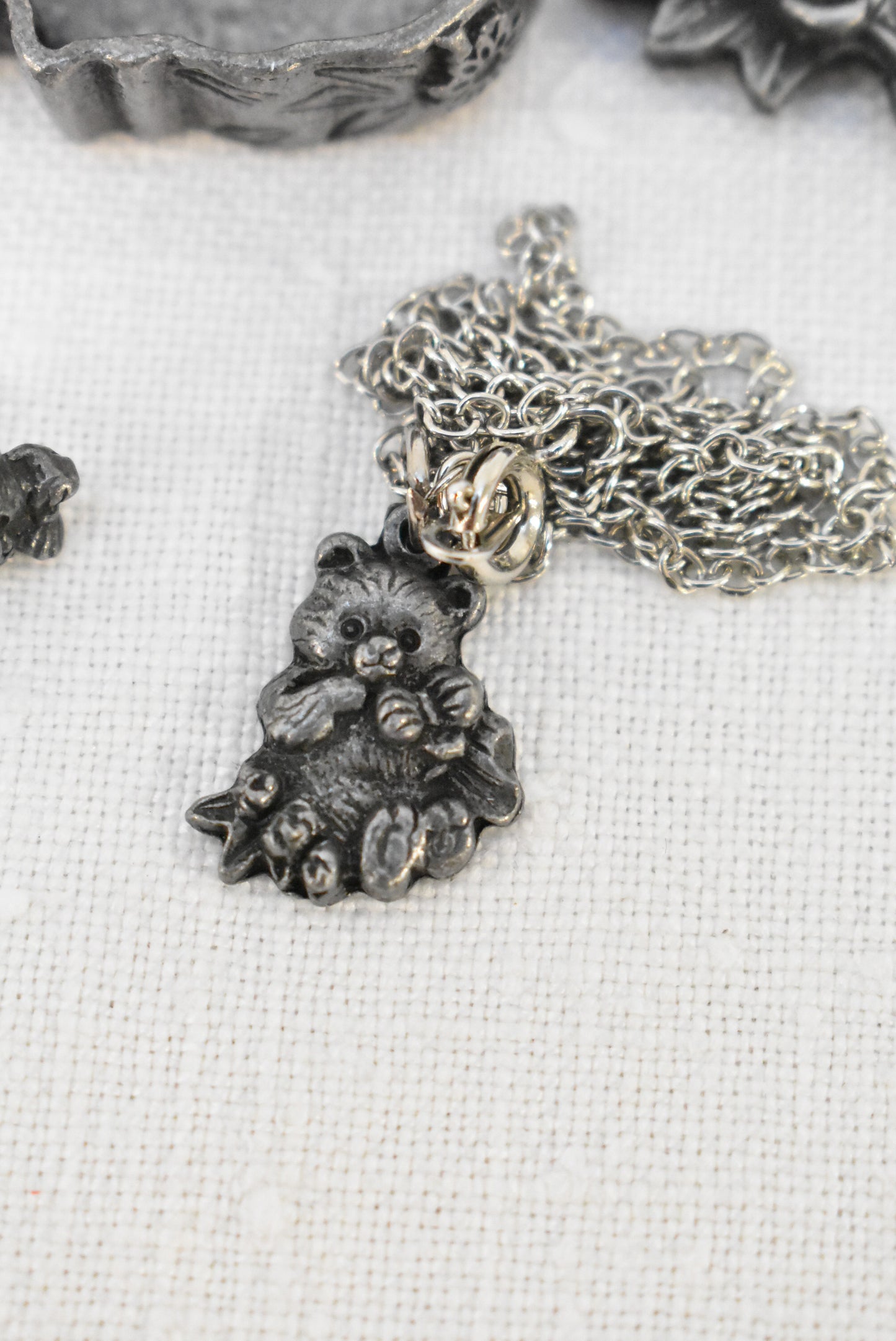 Pewter teddy bear set, earrings, brooch and pendant in a box