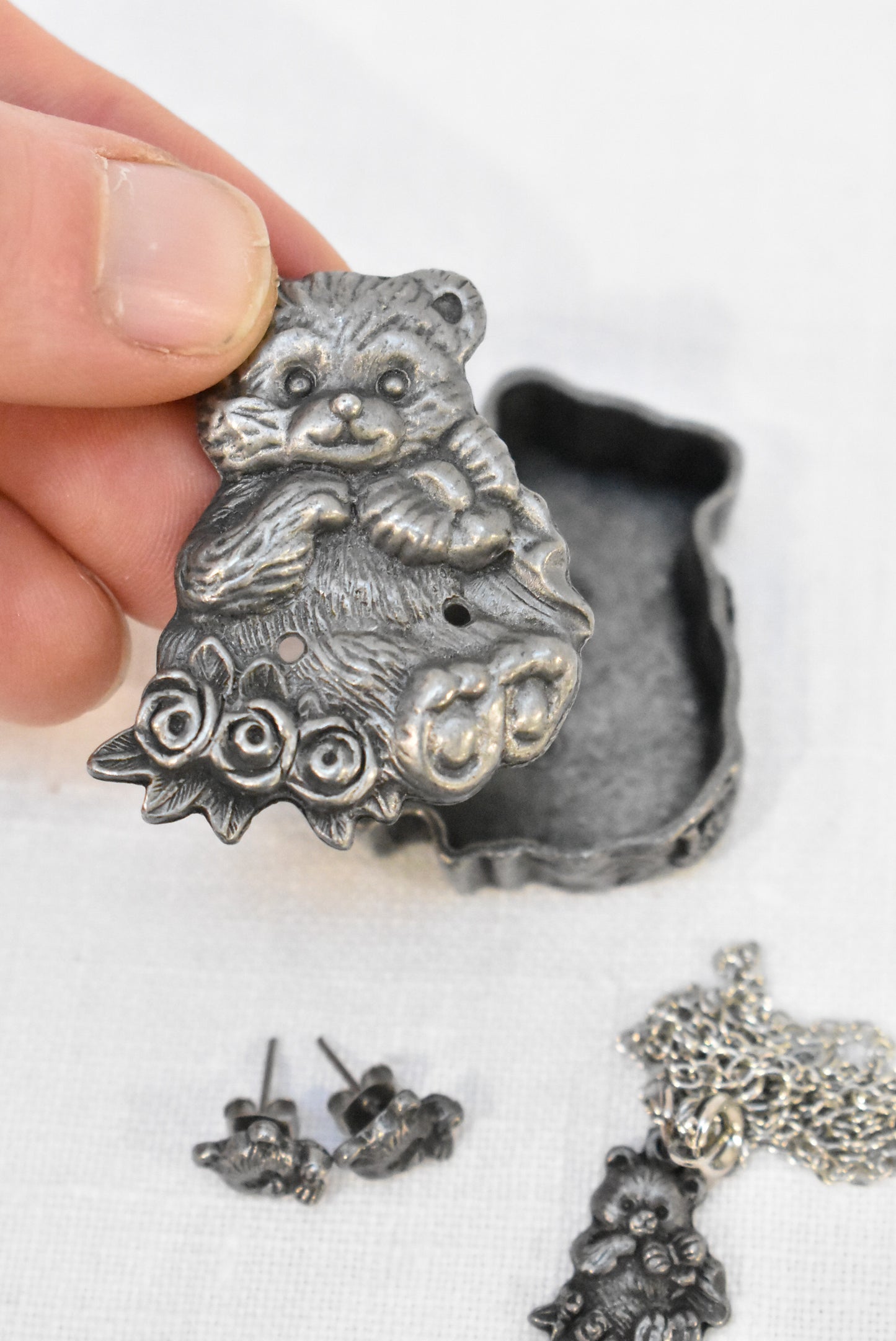 Pewter teddy bear set, earrings, brooch and pendant in a box