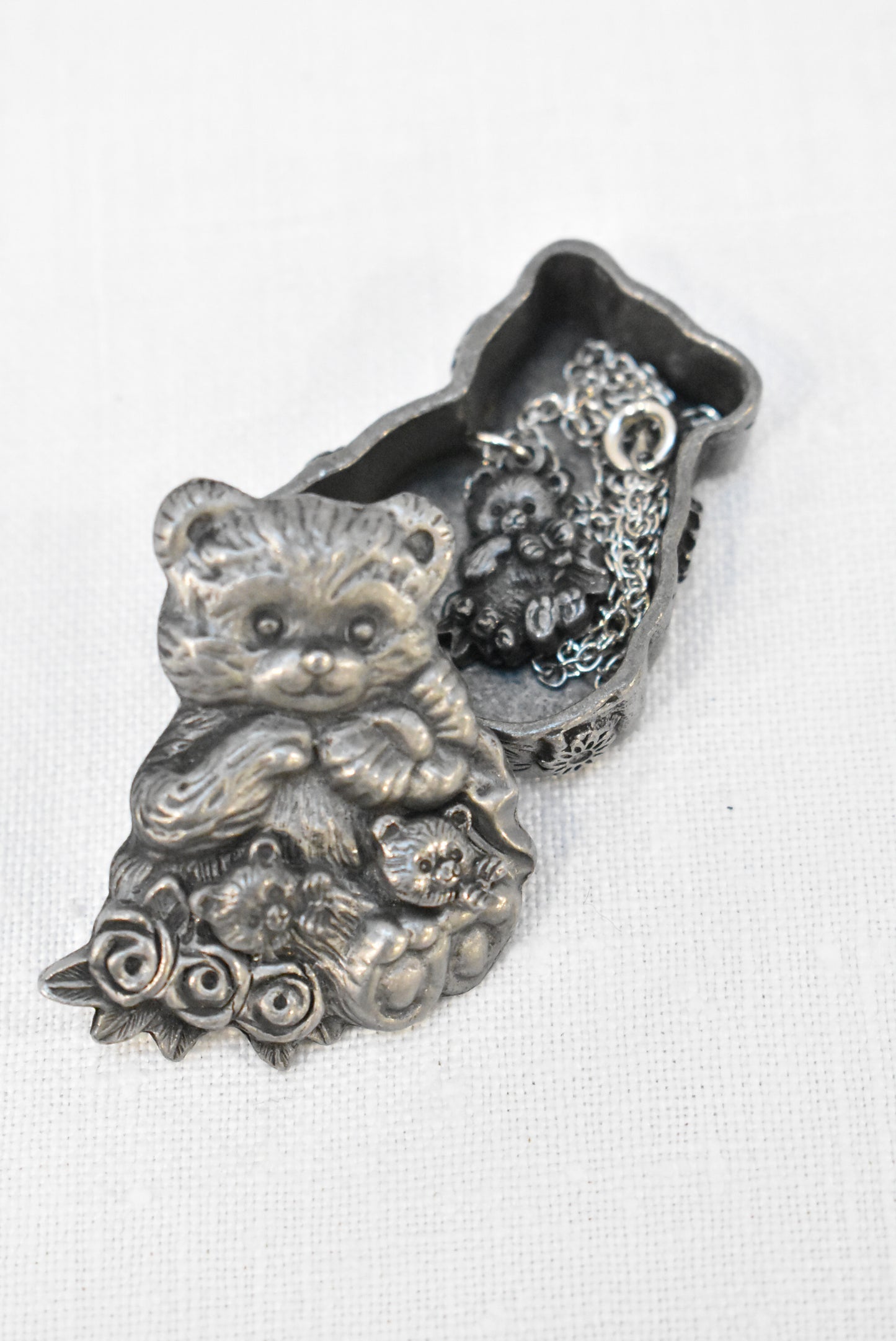 Pewter teddy bear set, earrings, brooch and pendant in a box