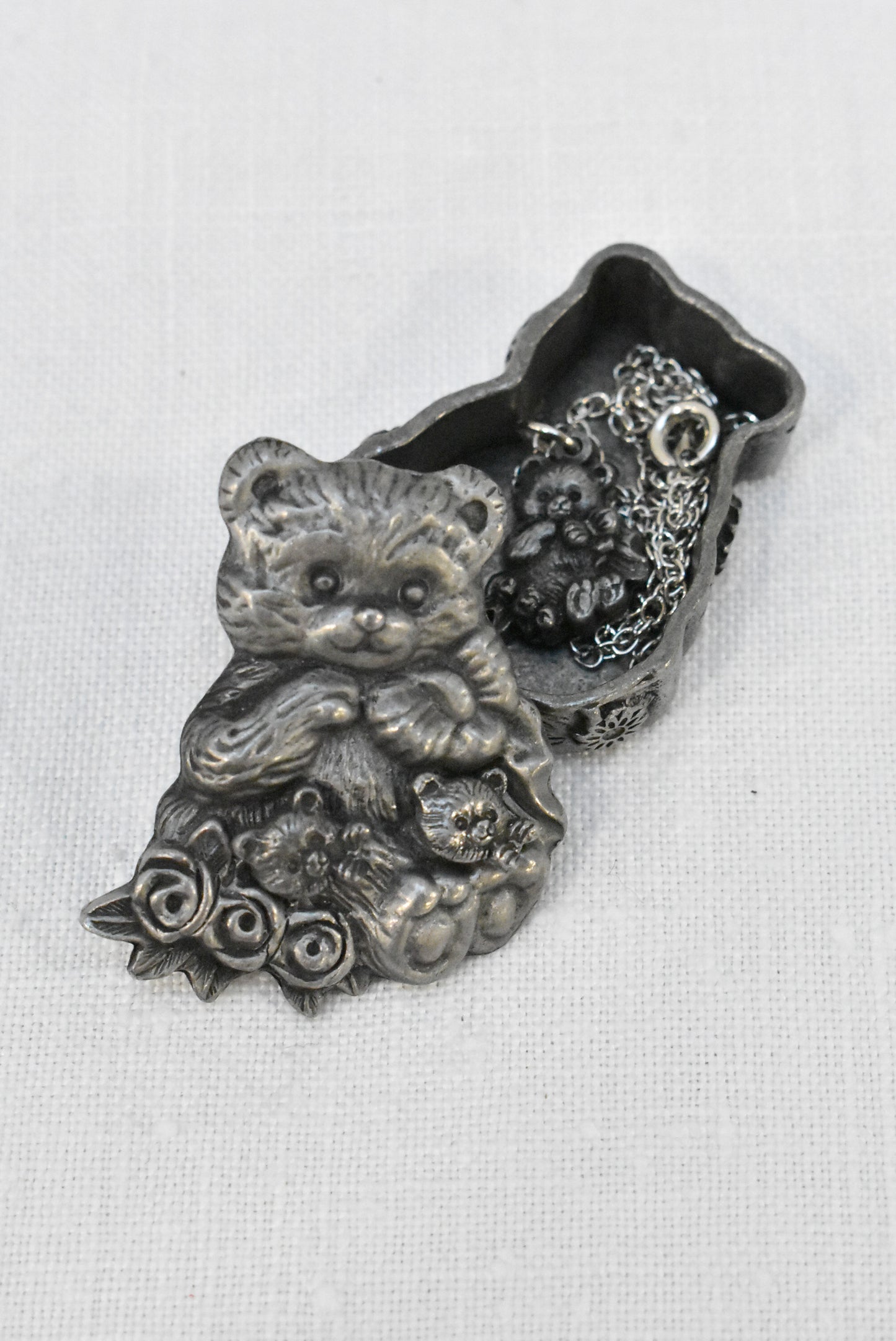 Pewter teddy bear set, earrings, brooch and pendant in a box