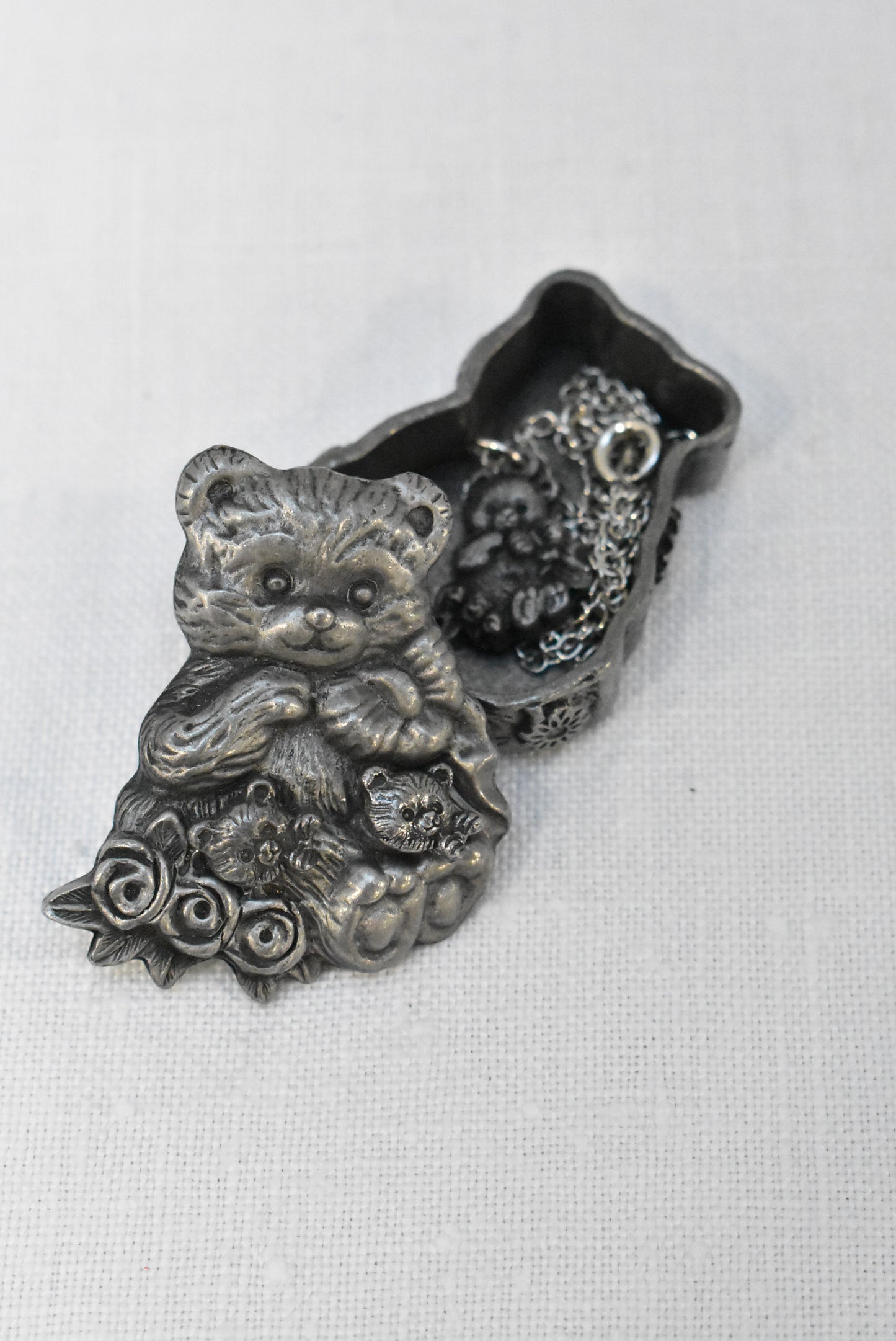 Pewter teddy bear set, earrings, brooch and pendant in a box