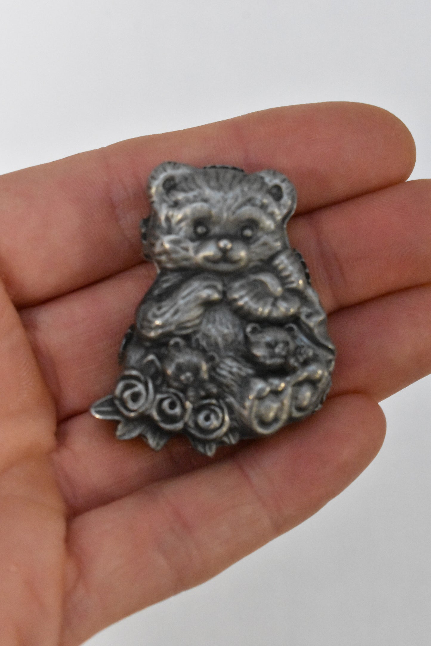 Pewter teddy bear set, earrings, brooch and pendant in a box