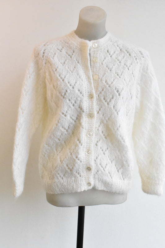 Hancrafted, soft white lace knit cardigan, S/M