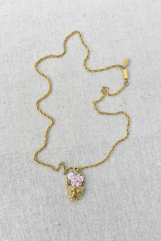 Rose basket gold pendant necklace