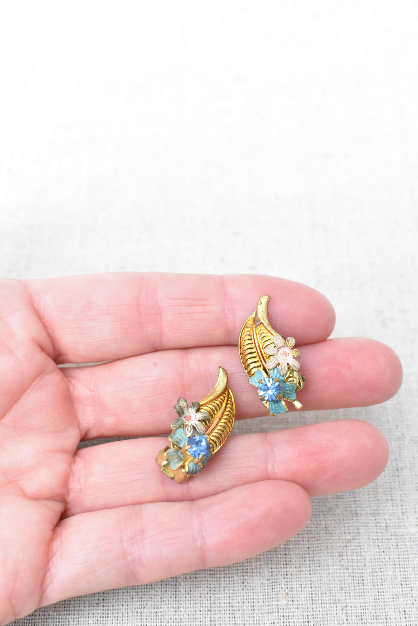 Vintage floral clip-on earrings with blue diamante