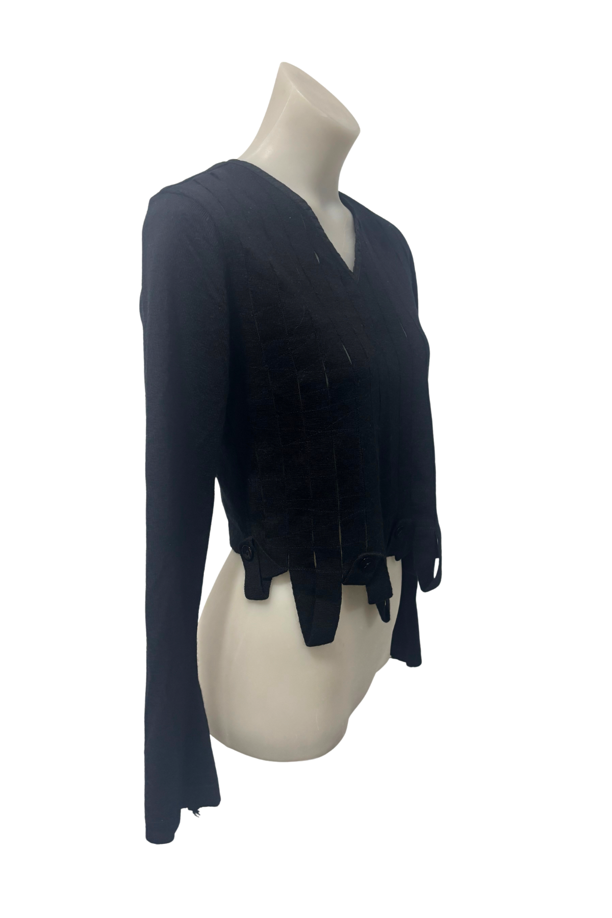 Joan Leach black woven strip knit blouse, 8