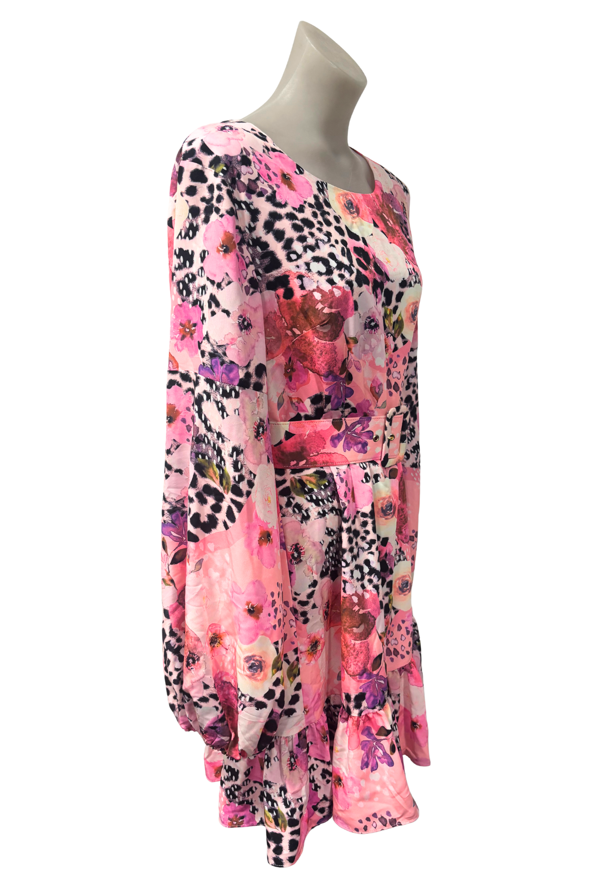 Augustine vibrant floral leopard print belted dress, L NWT