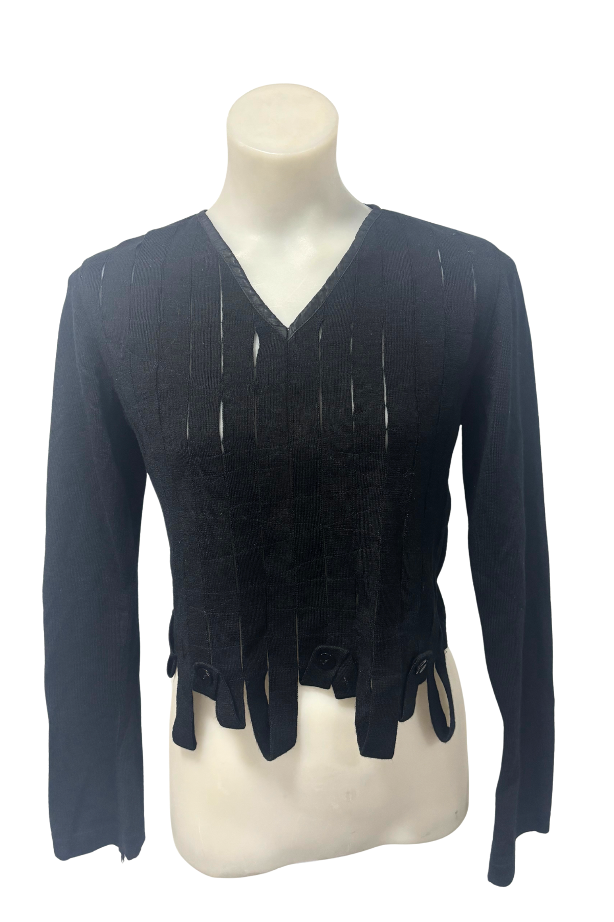 Joan Leach black woven strip knit blouse, 8