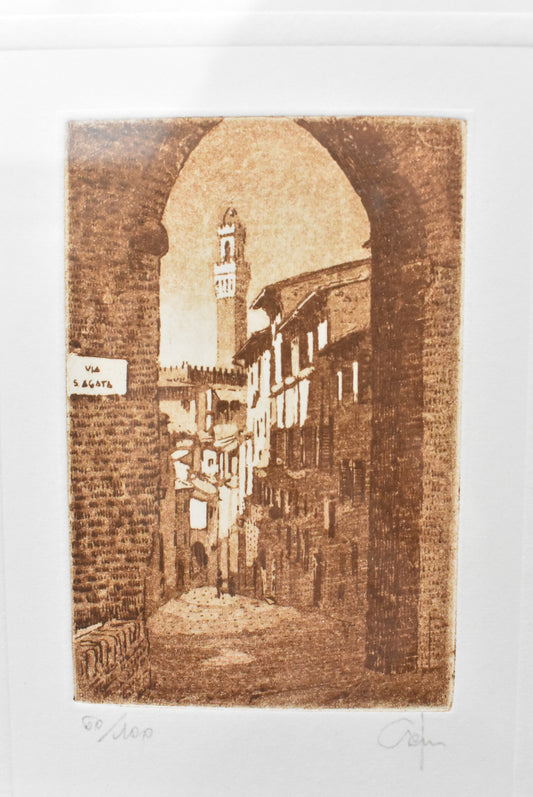 Wood framed signed etching of St Joseph Arch, Tuscany by Giorgio Ferrari, edition 60/100