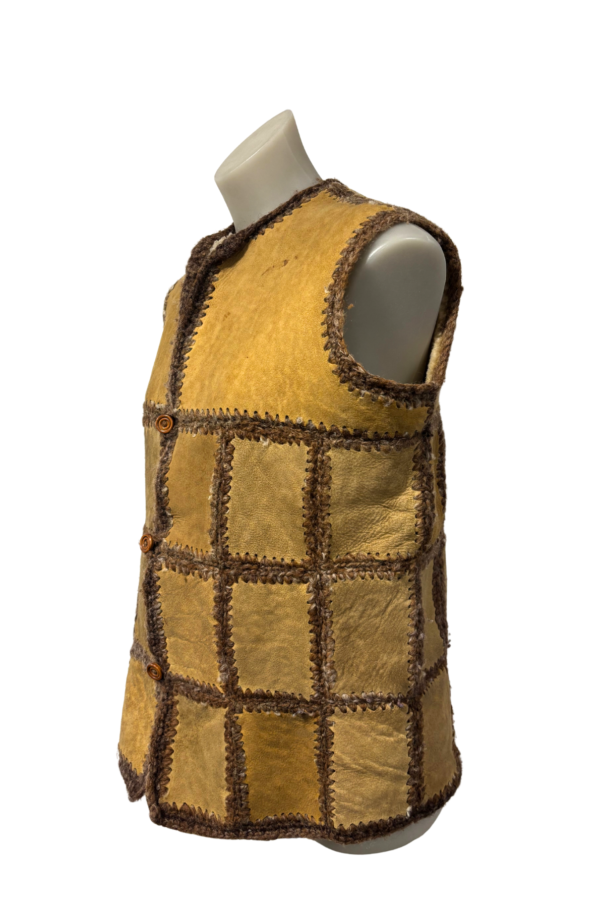 1970/80's Crochet sheepskin vest + Hood, M