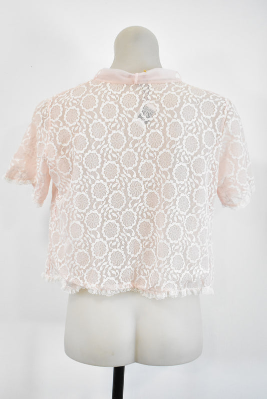 Vintage pink floral lacey bed jacket, S
