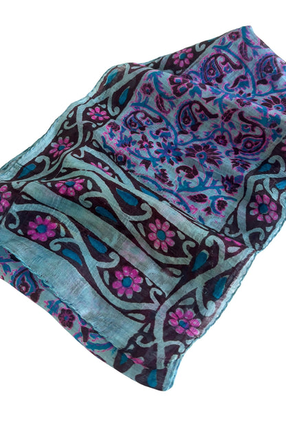 Pink + blue flowers silk scarf