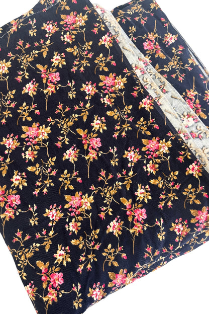 Dark navy pink floral corduroy fabric .9m x 7.5cm