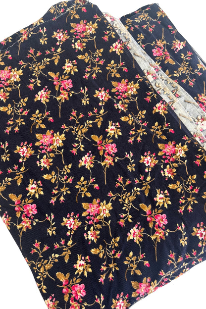 Dark navy pink floral corduroy fabric .9m x 7.5cm