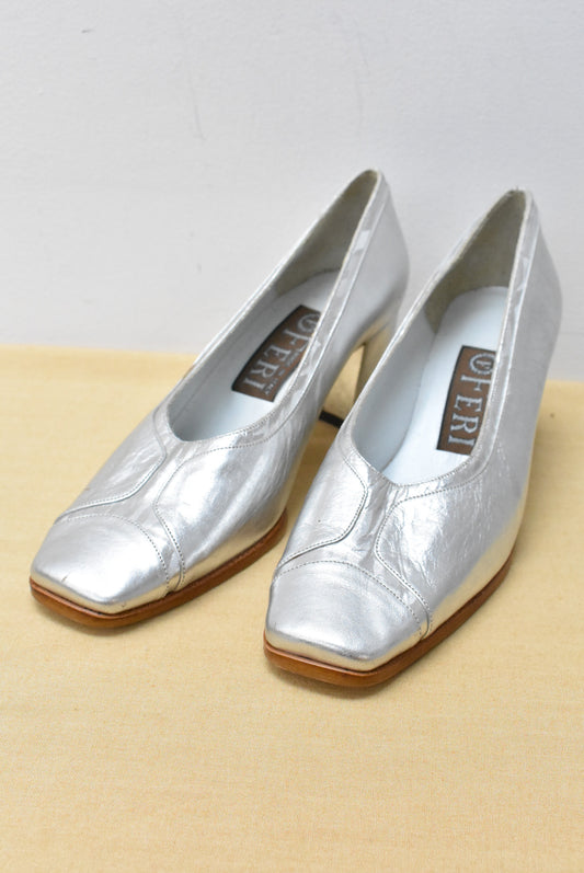 Retro Feri silver leather heels, 38