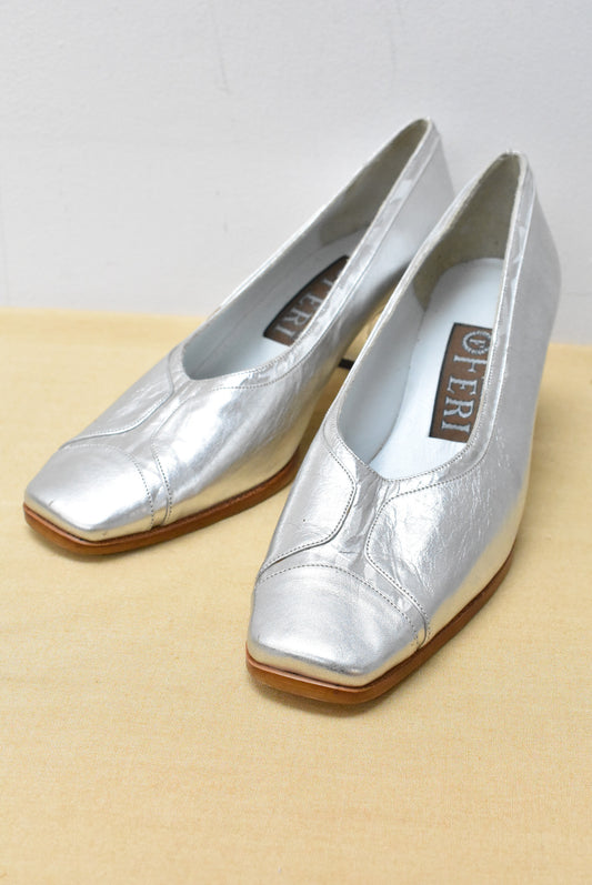 Retro Feri silver leather heels, 38