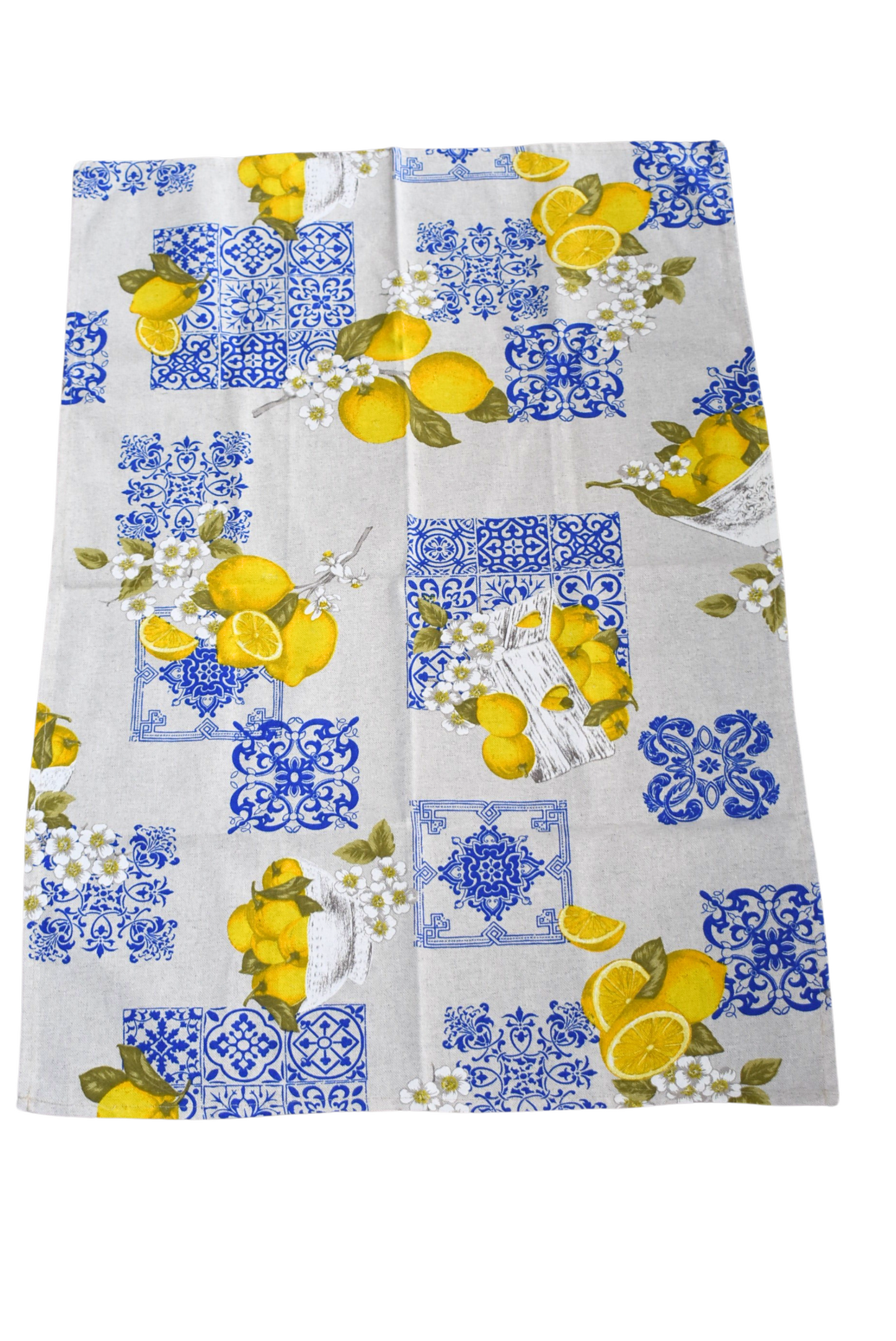 Italian made lemon blue tile tea towel