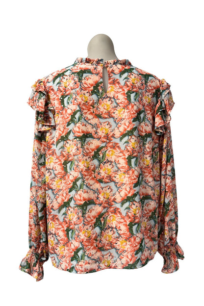 Vibrant floral silver polka dot blouse, M/L