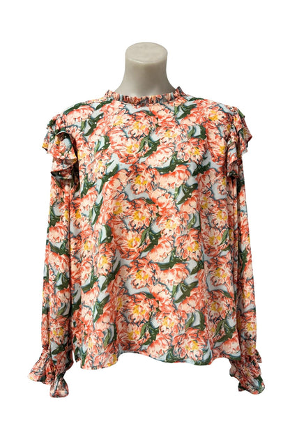 Vibrant floral silver polka dot blouse, M/L