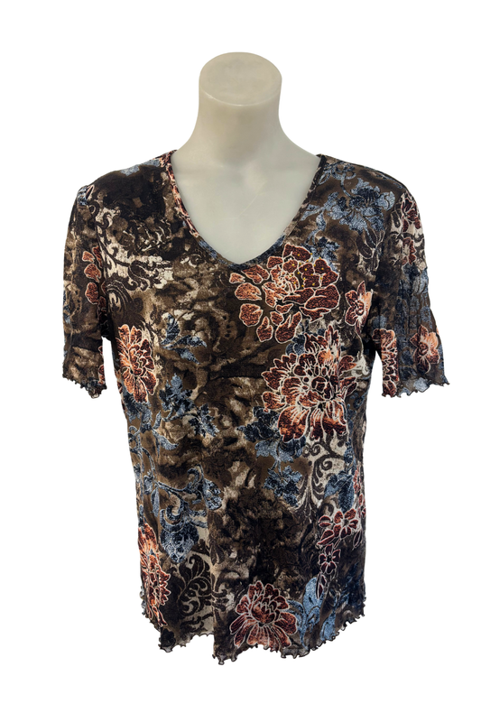 Frilly brown floral mesh blouse, S