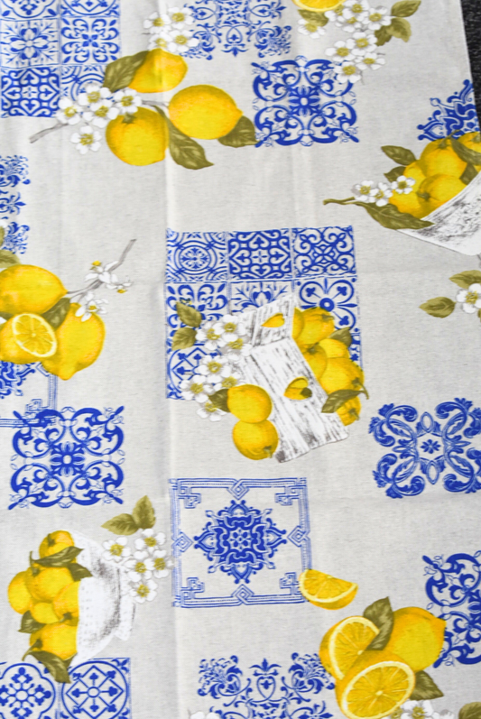 Italian made lemon blue tile tea towel