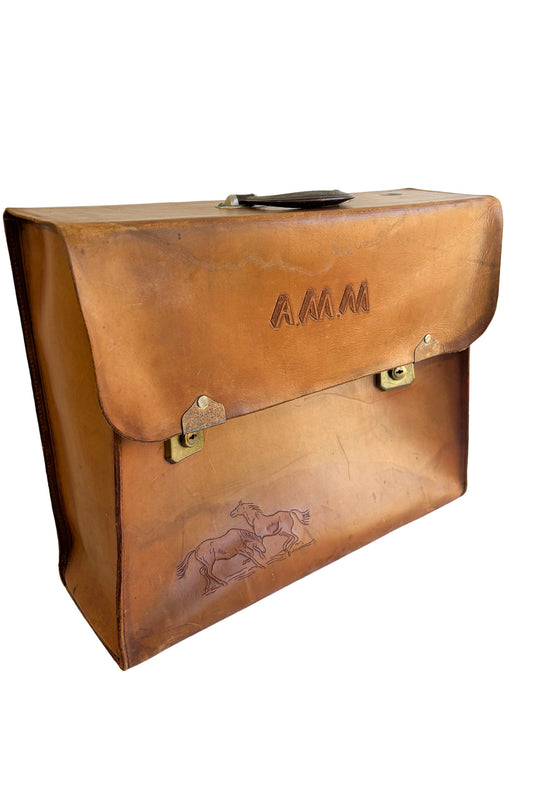 Large vintage leather briefcase with horses