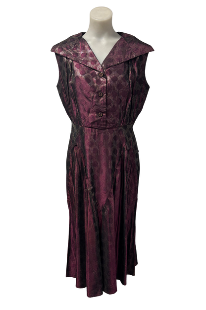 1950s Gold & Burgundy Wide-Collar Maxi Dress, M