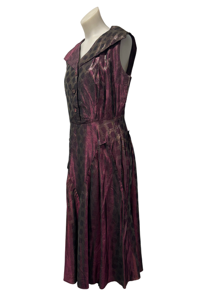 1950s Gold & Burgundy Wide-Collar Maxi Dress, M