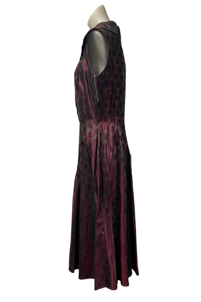 1950s Gold & Burgundy Wide-Collar Maxi Dress, M