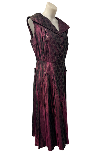 1950s Gold & Burgundy Wide-Collar Maxi Dress, M
