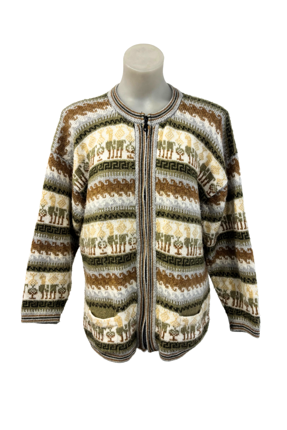 Handmade patterned knit full zip jumper, M