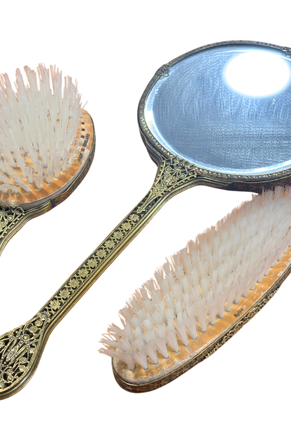 Antique brass UK made mirror + brush set