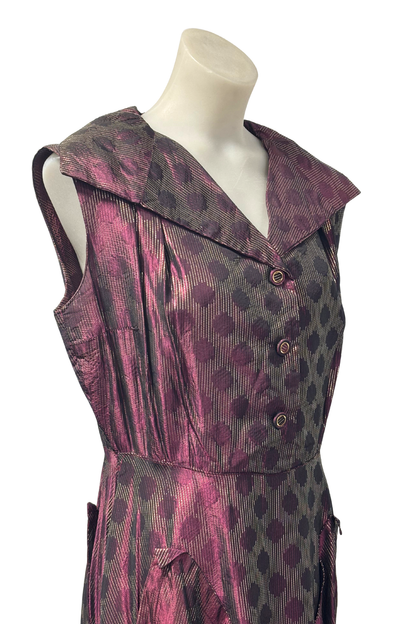 1950s Gold & Burgundy Wide-Collar Maxi Dress, M