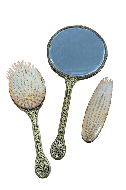 Antique brass UK made mirror + brush set