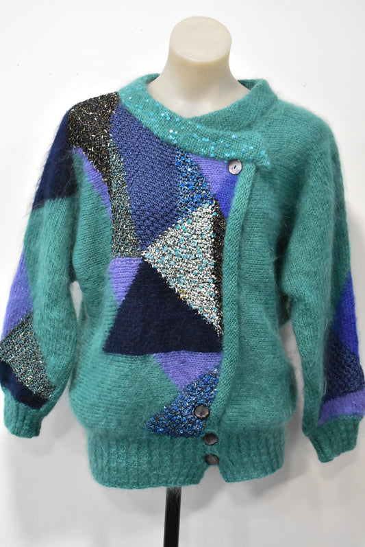 Asymmetrical mohair and sequins handknit cardigan, S