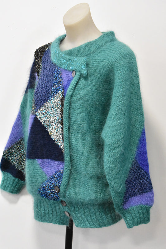 Asymmetrical mohair and sequins handknit cardigan, S