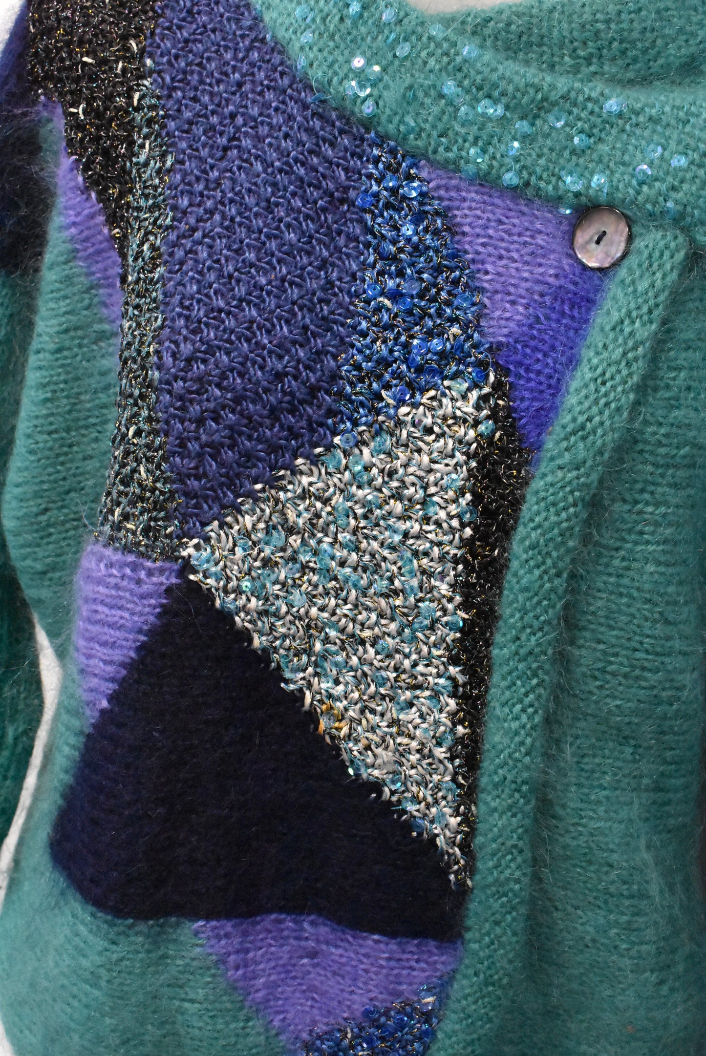 Asymmetrical mohair and sequins handknit cardigan, S