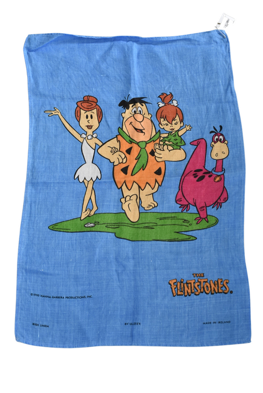 Retro Flintstones pure linen blue tea towel