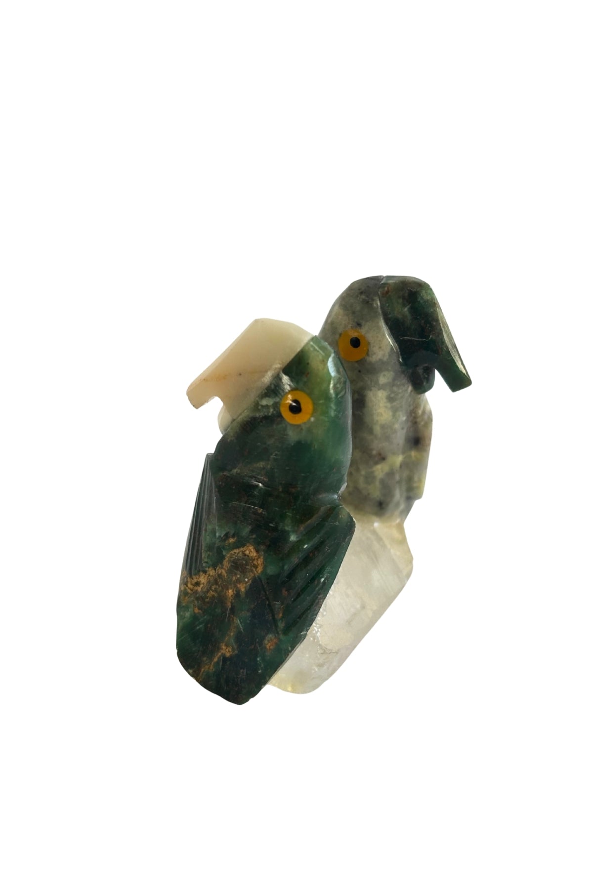 Beautiful jade crystal cockatoo's on quartz crystal