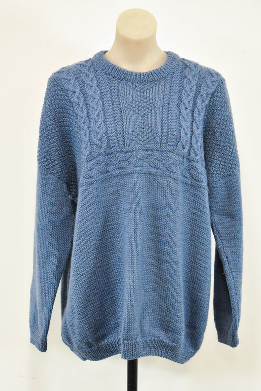 Blue cable hand knit sweater, L
