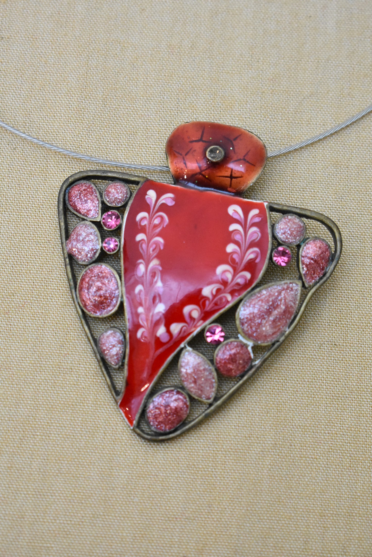 Red and pink metal & enamel necklace