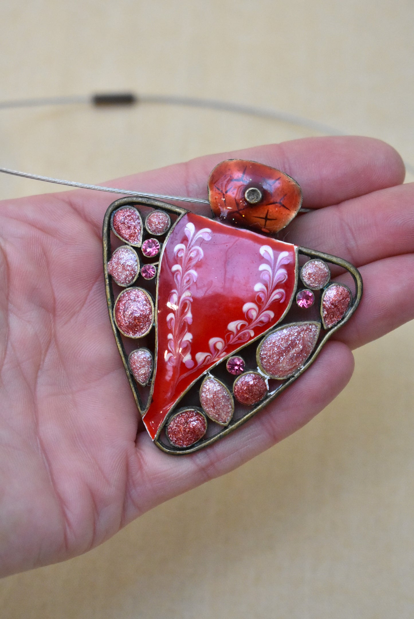 Red and pink metal & enamel necklace