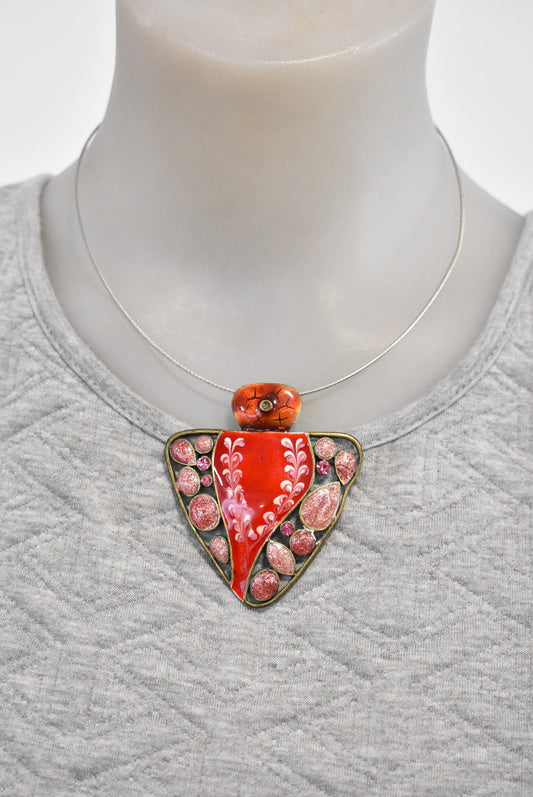 Red and pink metal & enamel necklace