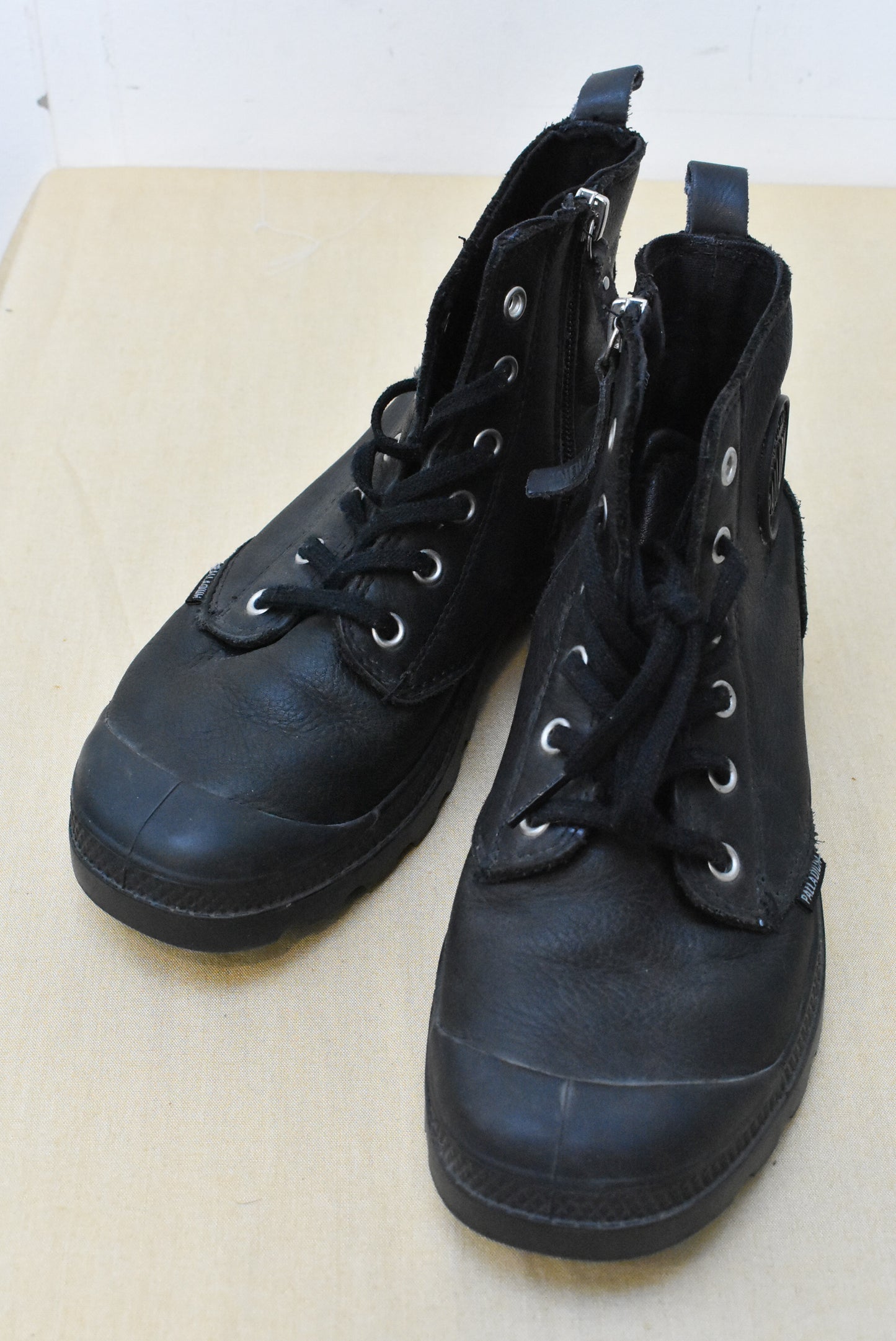 Palladium black leather upper rubber bottom boots