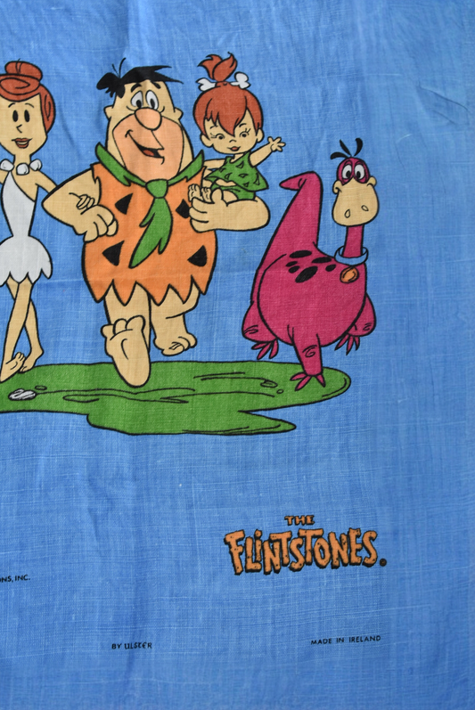 Retro Flintstones pure linen blue tea towel