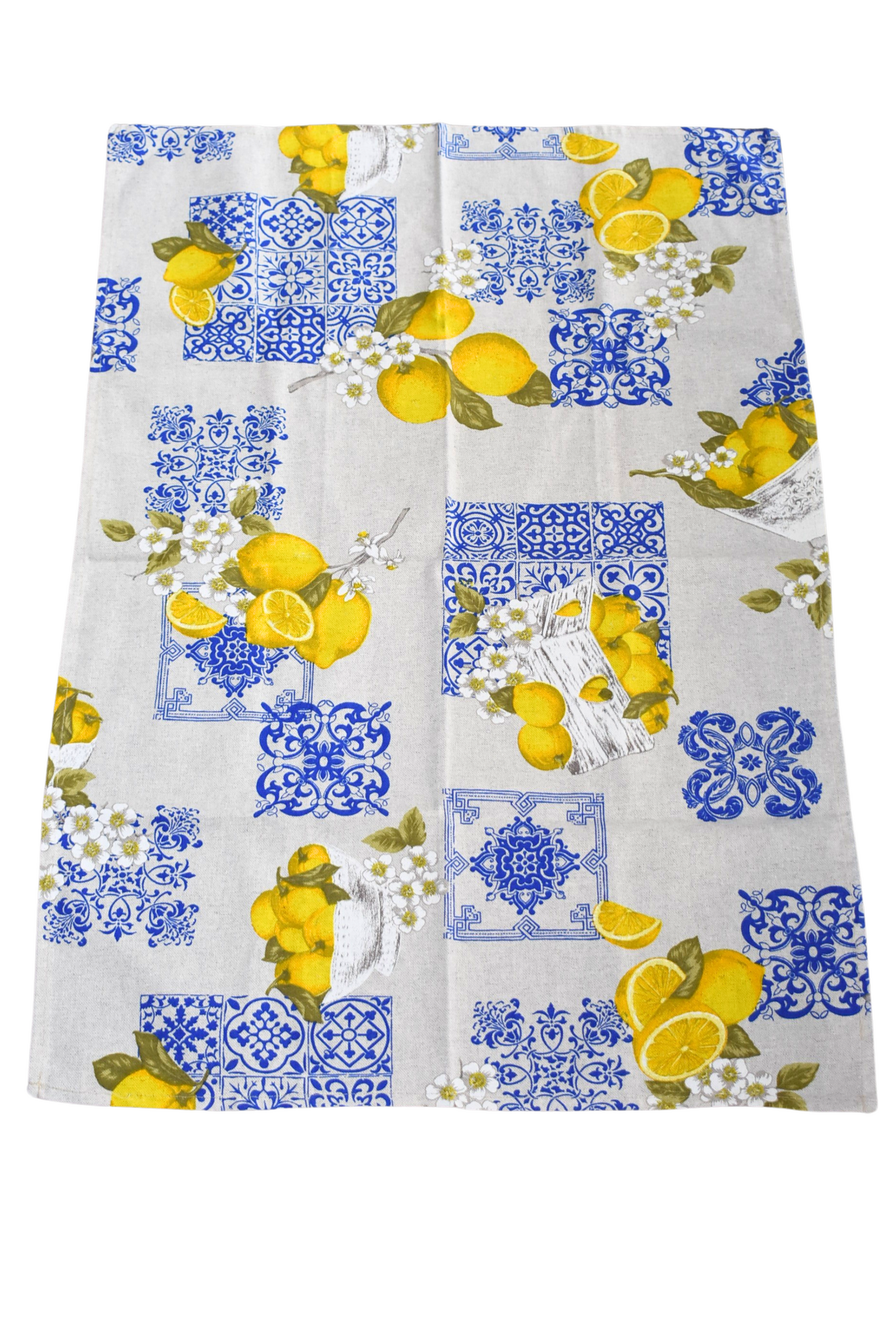 Italian made lemon blue tile tea towel