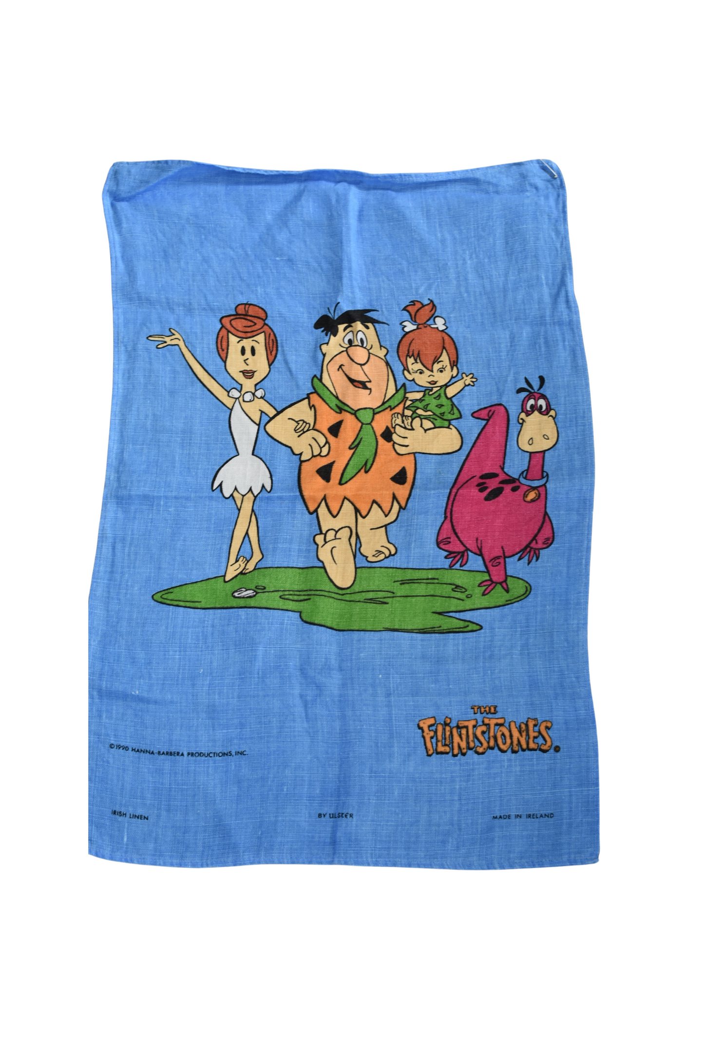 Retro Flintstones pure linen blue tea towel