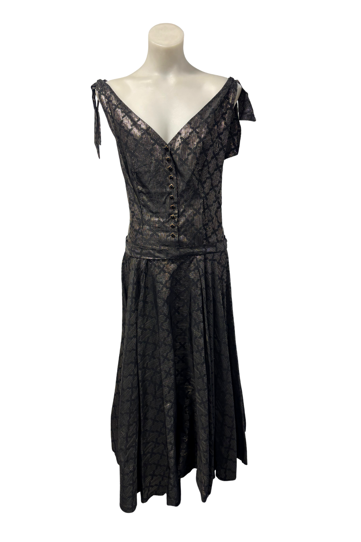 1950s Black & Gold Drop-Waist Maxi Dress, M