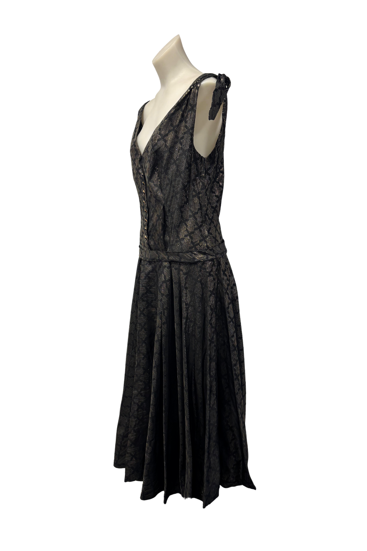 1950s Black & Gold Drop-Waist Maxi Dress, M
