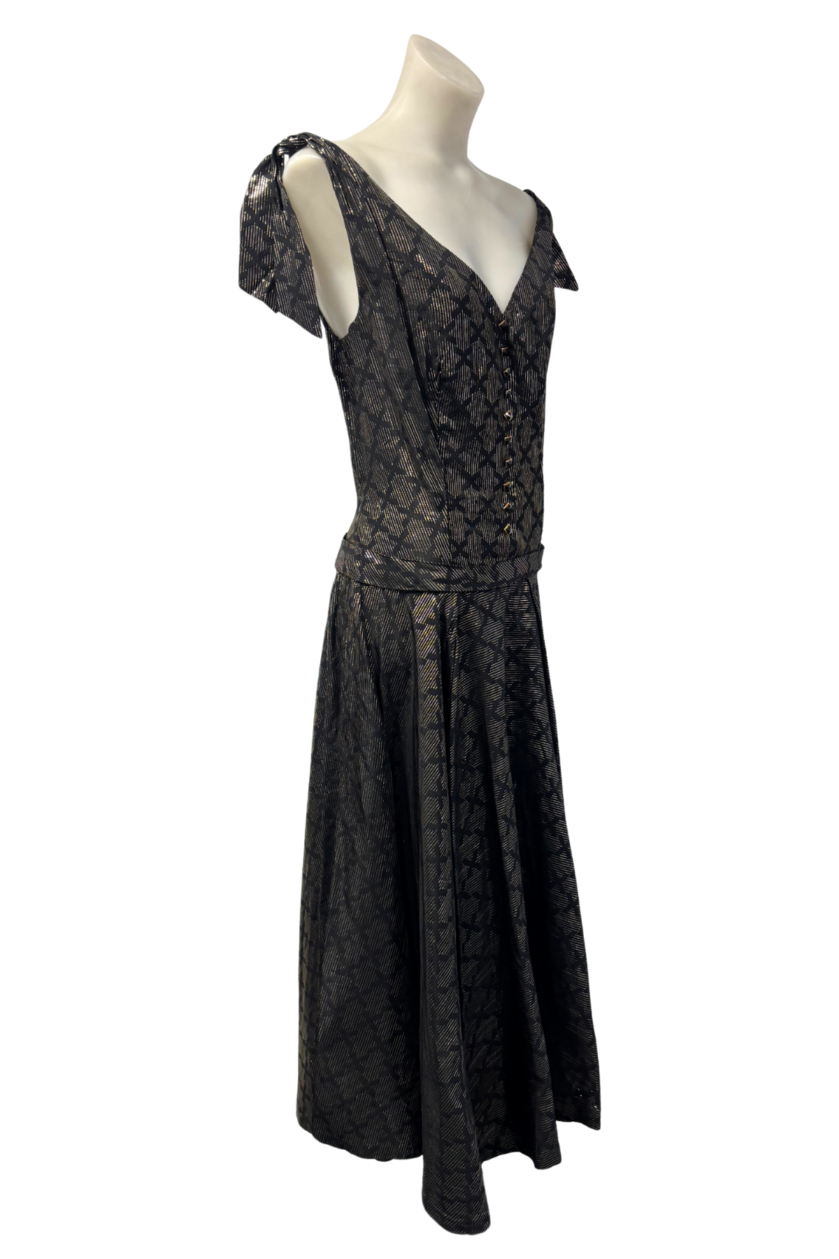 1950s Black & Gold Drop-Waist Maxi Dress, M